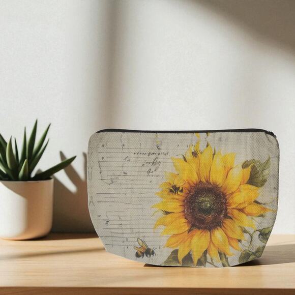 Vintage Sunflower Bee Cosmetic Bag Linen Script Botanical Makeup Pouch - Picture 2 of 8